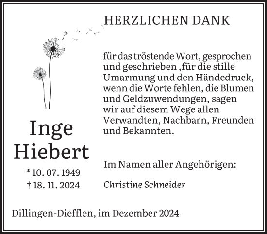 Traueranzeige von Inge Hiebert von saarbruecker_zeitung