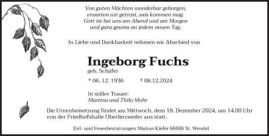 Traueranzeige von Ingeborg Fuchs von saarbruecker_zeitung