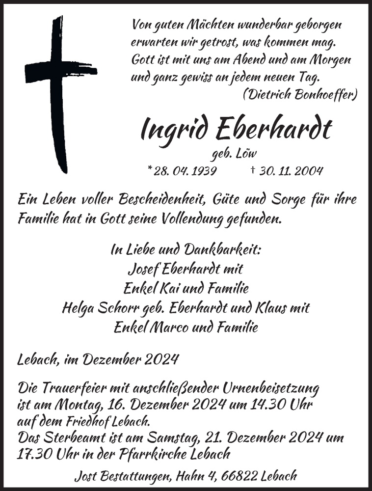  Traueranzeige für Ingrid Eberhardt vom 07.12.2024 aus saarbruecker_zeitung
