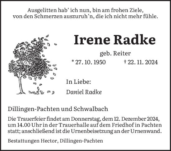 Traueranzeige von Irene Radke von saarbruecker_zeitung