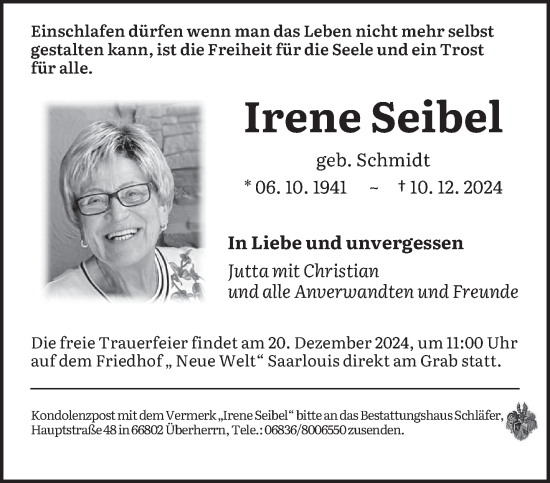 Traueranzeige von Irene Seibel von saarbruecker_zeitung