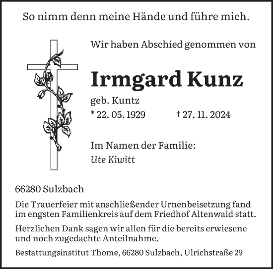 Traueranzeige von Irmgard Kunz von saarbruecker_zeitung