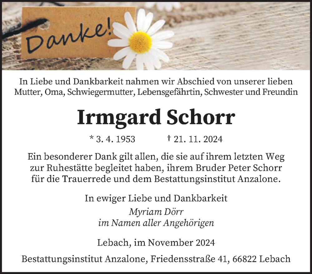  Traueranzeige für Irmgard Schorr vom 07.12.2024 aus saarbruecker_zeitung