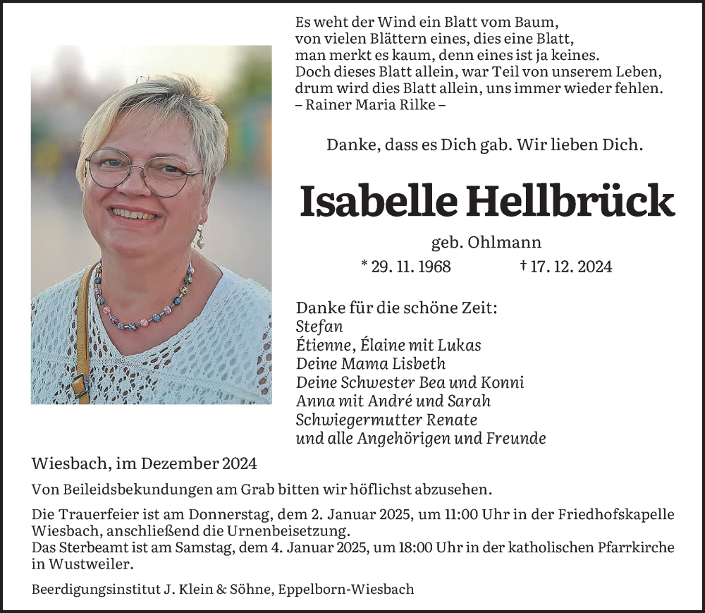  Traueranzeige für Isabelle Hellbrück vom 28.12.2024 aus saarbruecker_zeitung