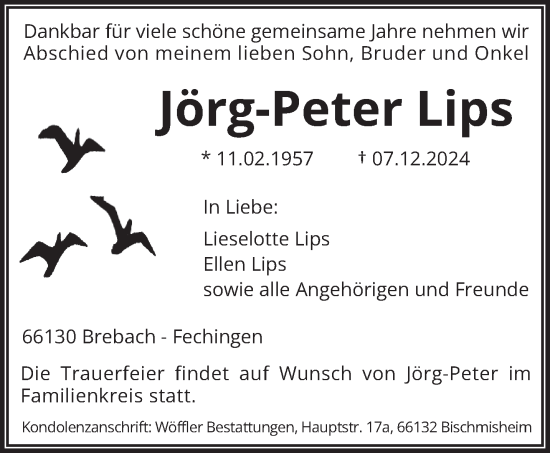 Traueranzeige von Jörg-Peter Lips von saarbruecker_zeitung