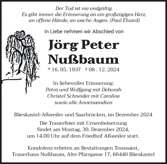 Traueranzeige von Jörg Peter Nußbaum von saarbruecker_zeitung