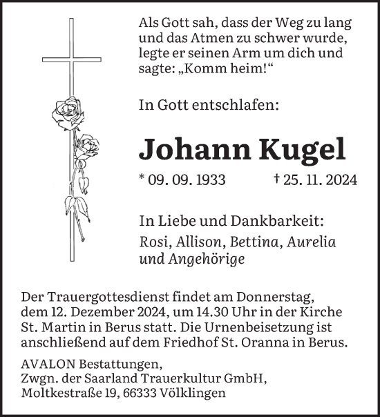 Traueranzeige von Johann Kugel von saarbruecker_zeitung