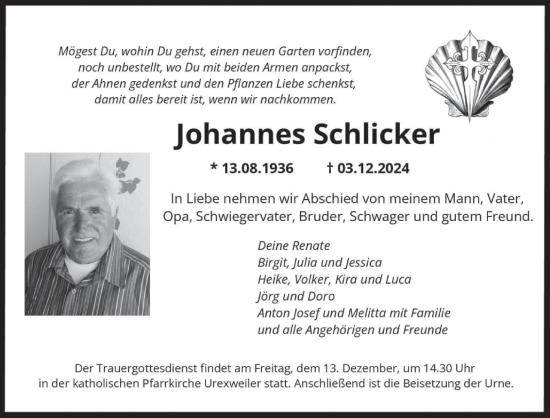 Traueranzeige von Johannes Schlicker von saarbruecker_zeitung