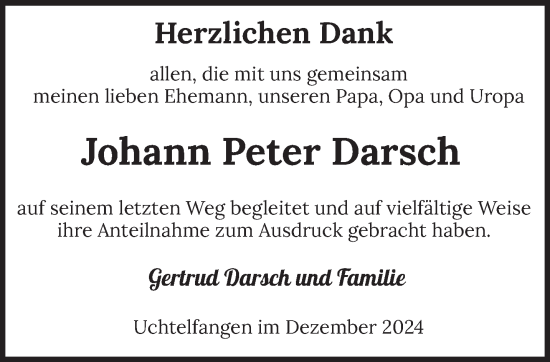 Traueranzeige von Johann Peter Darsch von saarbruecker_zeitung