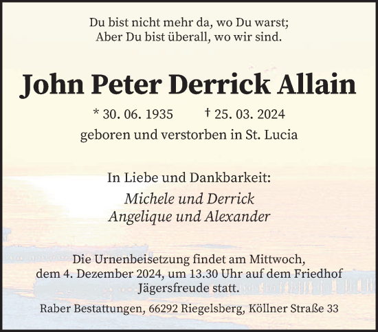 Traueranzeige von John Peter Derrick Allain von saarbruecker_zeitung