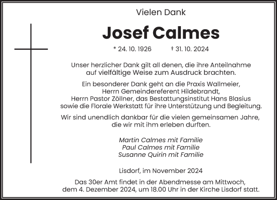 Traueranzeige von Josef Calmes von saarbruecker_zeitung