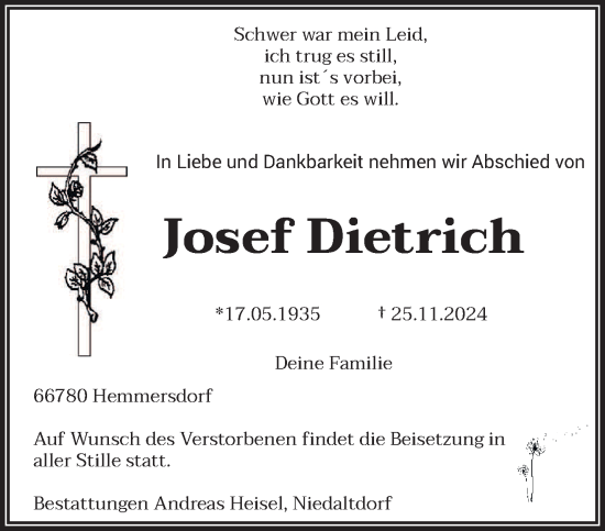 Traueranzeige von Josef Dietrich von saarbruecker_zeitung