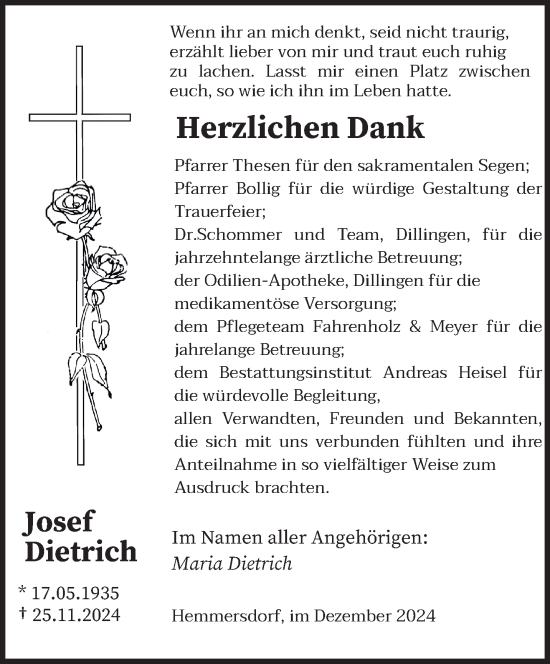 Traueranzeige von Josef Dietrich von saarbruecker_zeitung