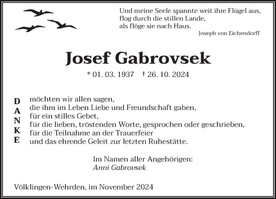 Traueranzeige von Josef Gabrovsek von saarbruecker_zeitung