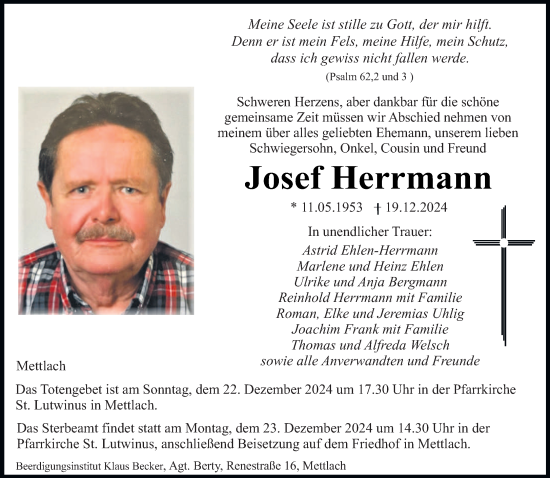 Traueranzeige von Josef Herrmann von saarbruecker_zeitung