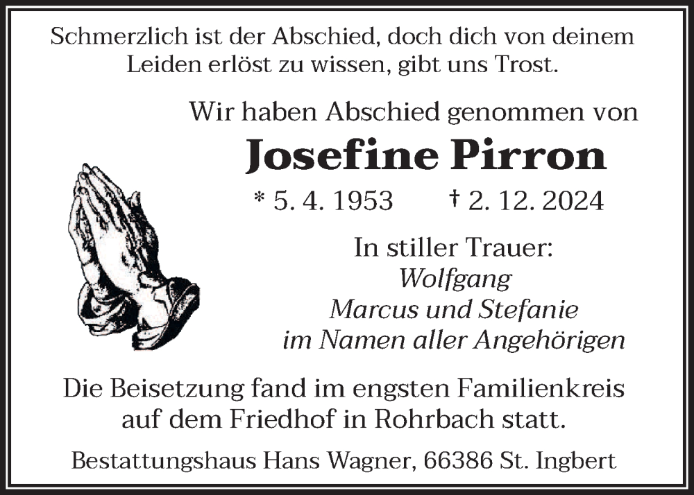  Traueranzeige für Josefine Pirron vom 28.12.2024 aus saarbruecker_zeitung