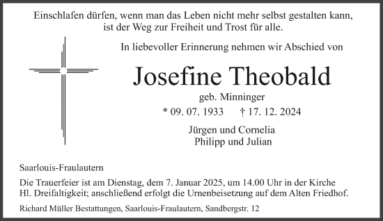 Traueranzeige von Josefine Theobald von saarbruecker_zeitung