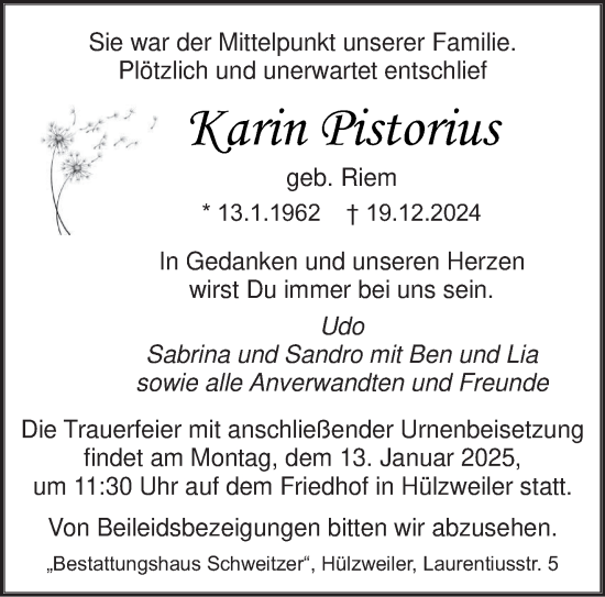 Traueranzeige von Karin Pistorius von saarbruecker_zeitung