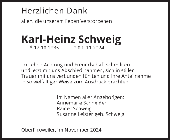 Traueranzeige von Karl-Heinz Schweig von saarbruecker_zeitung