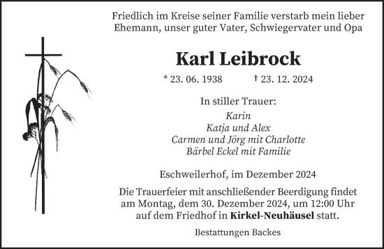 Traueranzeige von Karl Leibrock von saarbruecker_zeitung