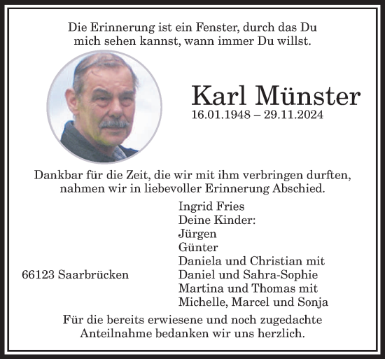 Traueranzeige von Karl Münster von saarbruecker_zeitung