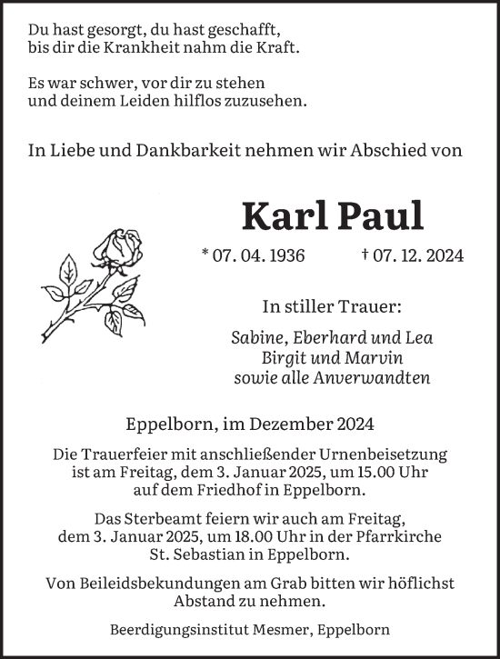 Traueranzeige von Karl Paul von saarbruecker_zeitung