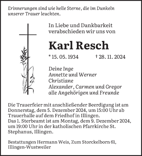 Traueranzeige von Karl Resch von saarbruecker_zeitung