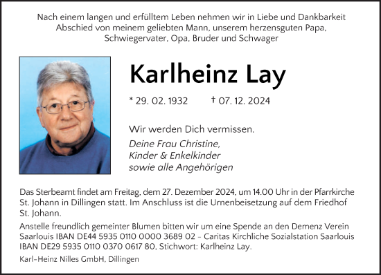 Traueranzeige von Karlheinz Lay von saarbruecker_zeitung