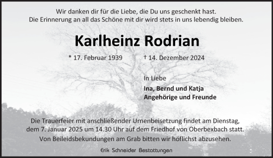 Traueranzeige von Karlheinz Rodrian von saarbruecker_zeitung