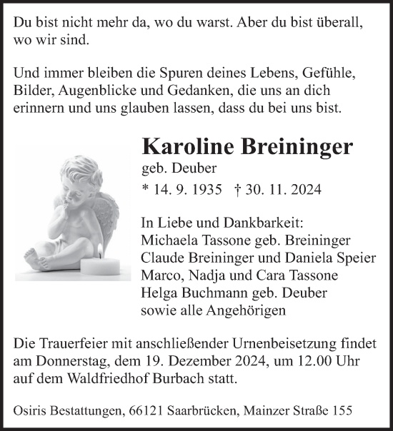 Traueranzeige von Karoline Breininger von saarbruecker_zeitung