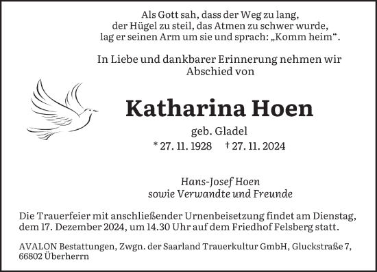 Traueranzeige von Katharina Hoen von saarbruecker_zeitung