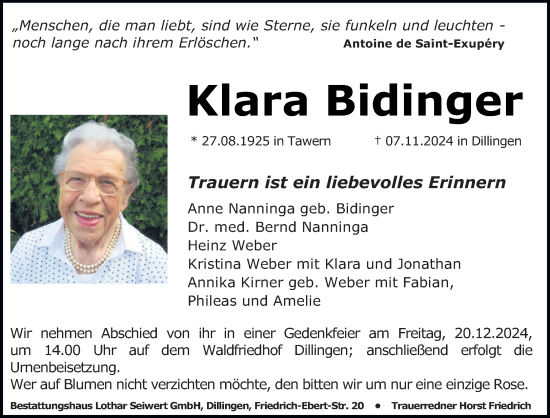 Traueranzeige von Klara Bidinger von saarbruecker_zeitung