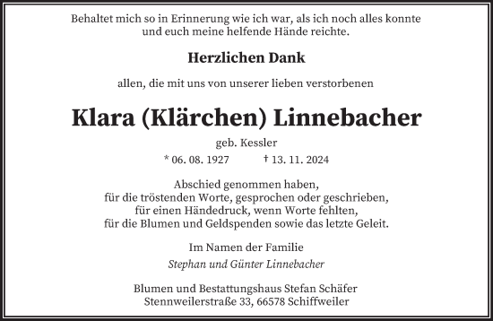 Traueranzeige von Klara Linnebacher von saarbruecker_zeitung