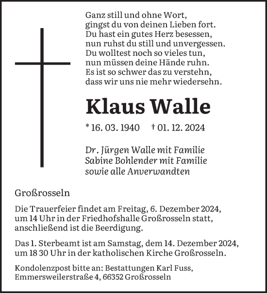 Traueranzeige von Klaus Walle von saarbruecker_zeitung