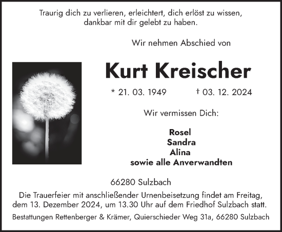 Traueranzeige von Kurt Kreischer von saarbruecker_zeitung