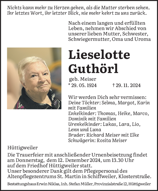 Traueranzeige von Lieselotte Guthörl von saarbruecker_zeitung