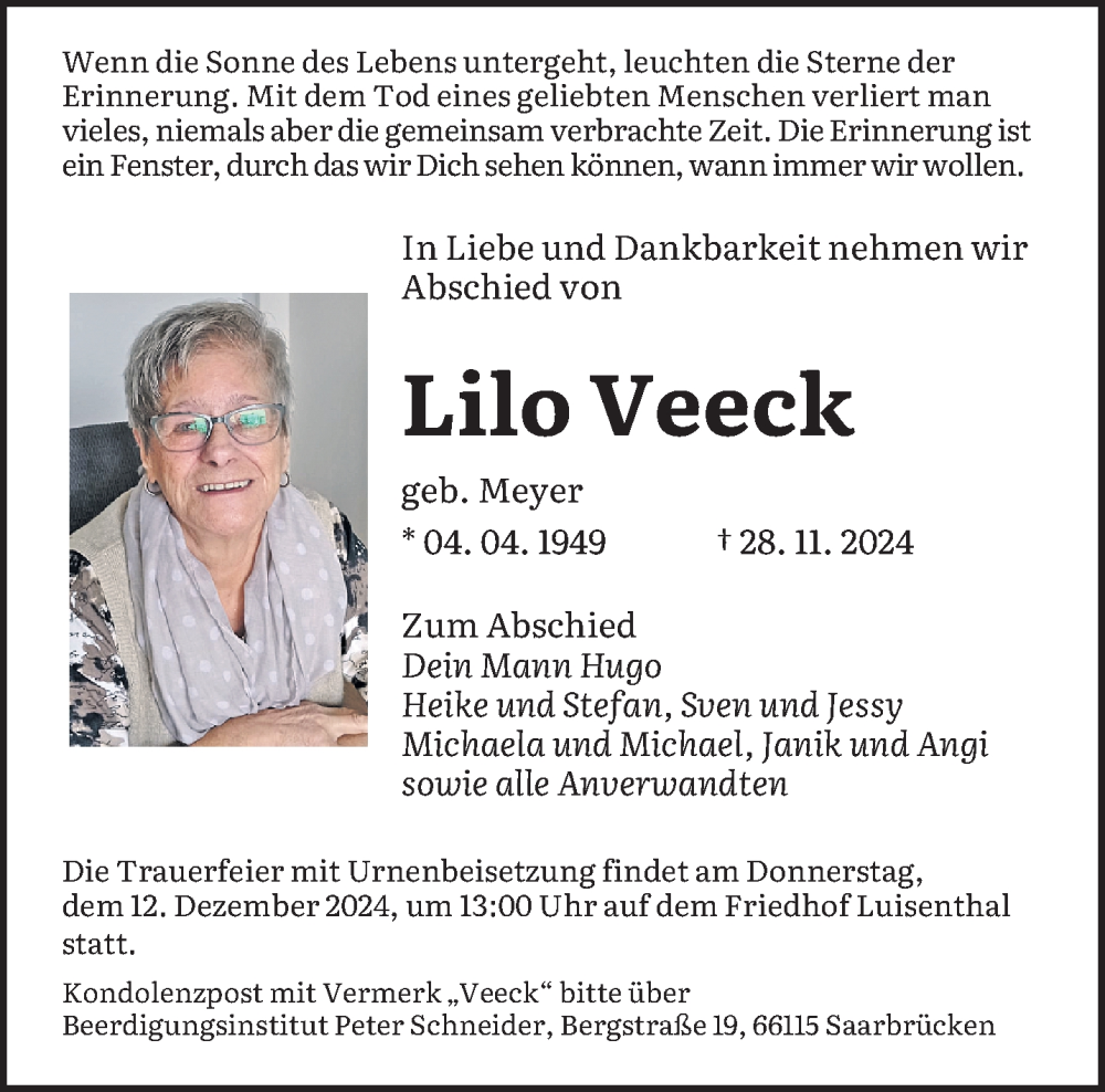  Traueranzeige für Lilo Veeck vom 07.12.2024 aus saarbruecker_zeitung