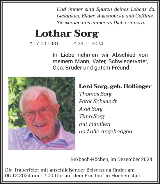 Traueranzeige von Lothar Sorg von saarbruecker_zeitung