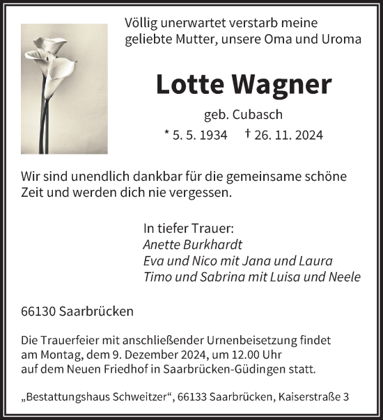 Traueranzeige von Lotte Wagner von saarbruecker_zeitung