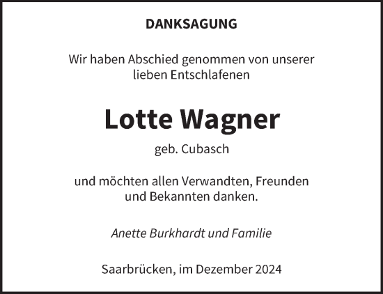 Traueranzeige von Lotte Wagner von saarbruecker_zeitung