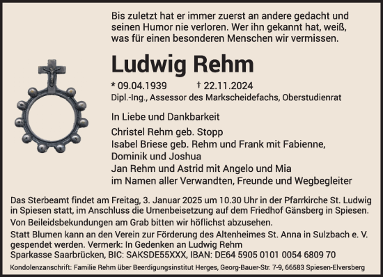 Traueranzeige von Ludwig Rehm von saarbruecker_zeitung