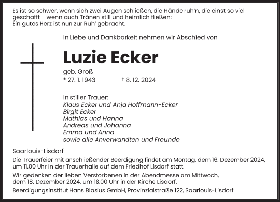 Traueranzeige von Luzie Ecker von saarbruecker_zeitung