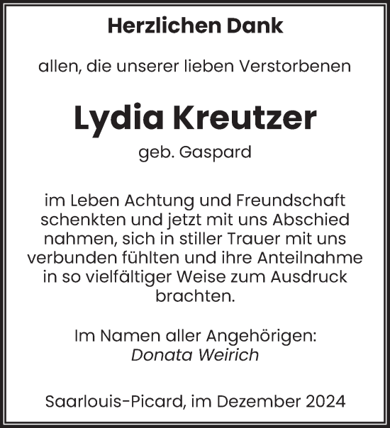 Traueranzeige von Lydia Kreutzer von saarbruecker_zeitung