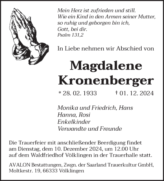 Traueranzeige von Magdalene Kronenberger von saarbruecker_zeitung