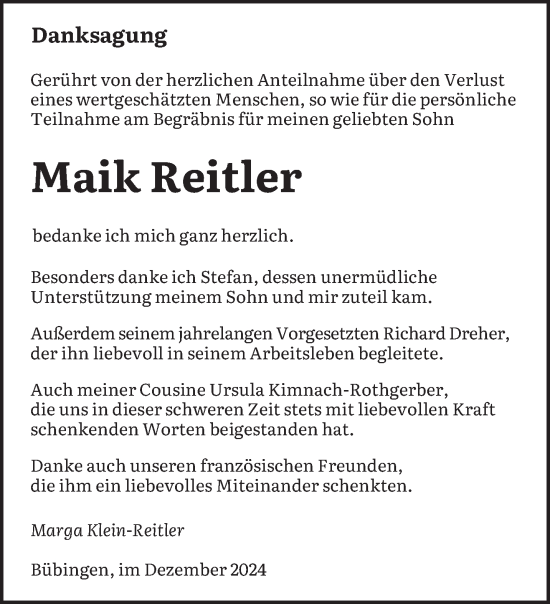 Traueranzeige von Maik Reitler von saarbruecker_zeitung