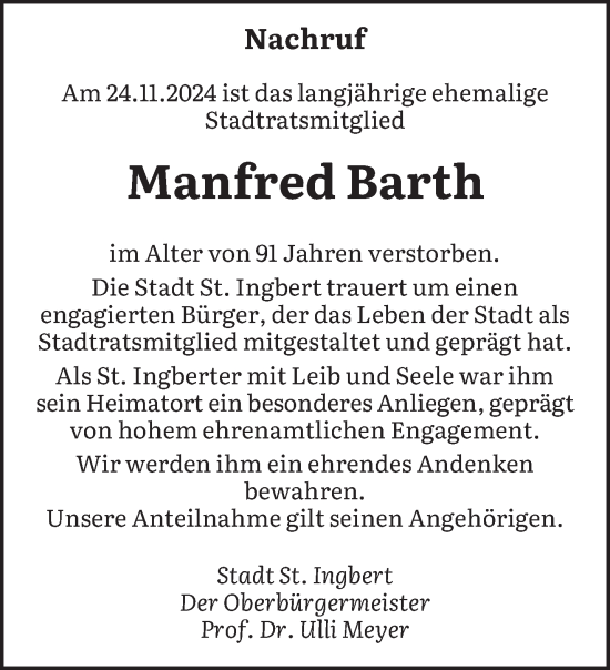 Traueranzeige von Manfred Barth von saarbruecker_zeitung