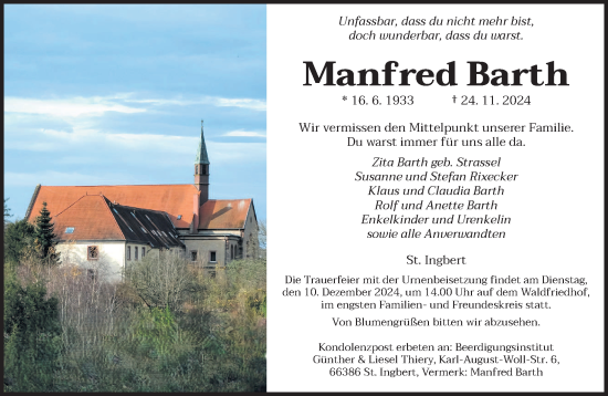 Traueranzeige von Manfred Barth von saarbruecker_zeitung