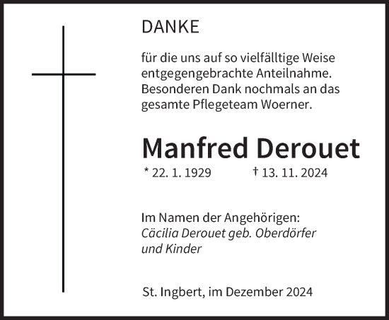 Traueranzeige von Manfred Derouet von saarbruecker_zeitung