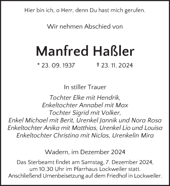 Traueranzeige von Manfred Haßler von saarbruecker_zeitung