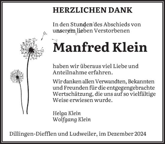 Traueranzeige von Manfred Klein von saarbruecker_zeitung